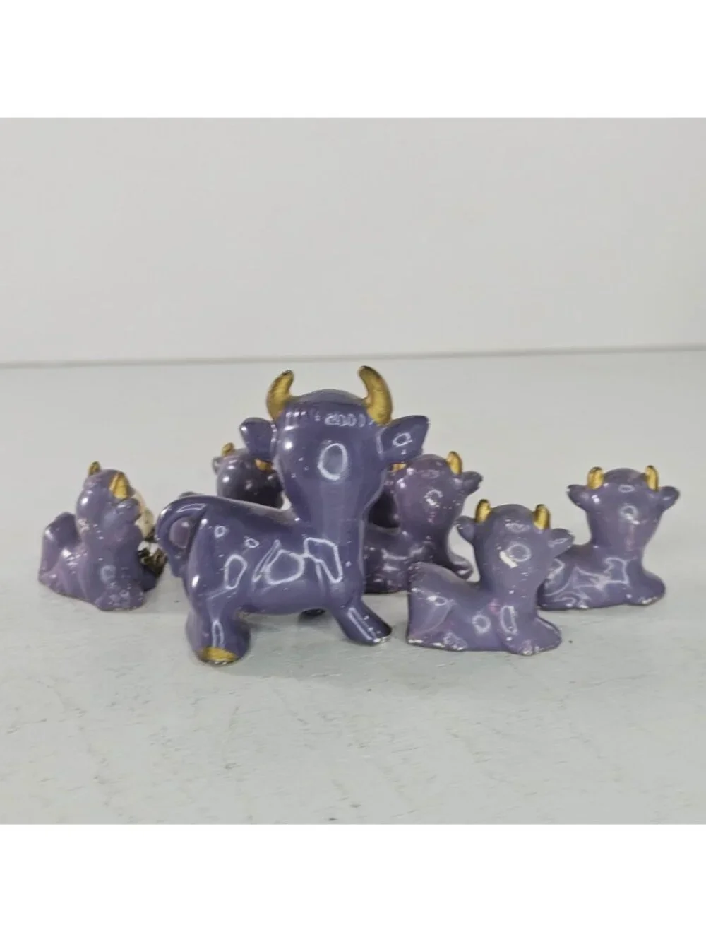 Miniature Purple Cow Calves Lot Vintage Japan 1950 Ceramic 7 Piece Lot Kitschy